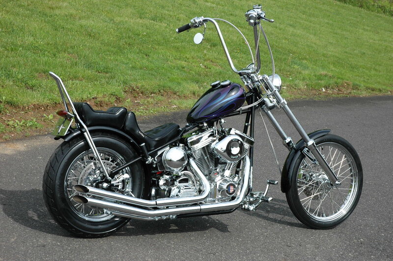 Custom Chopper Motorcycle — Black, Calm, Afternoon, Photograph, Grass, Asphalt