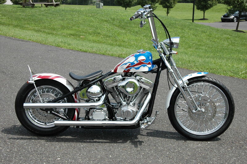 Custom Chopper Motorcycle — Black, Calm, Afternoon, Photograph, Grass, Car