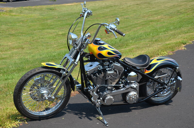 Custom Chopper Motorcycle — Black, Calm, Afternoon, Photograph, Grass