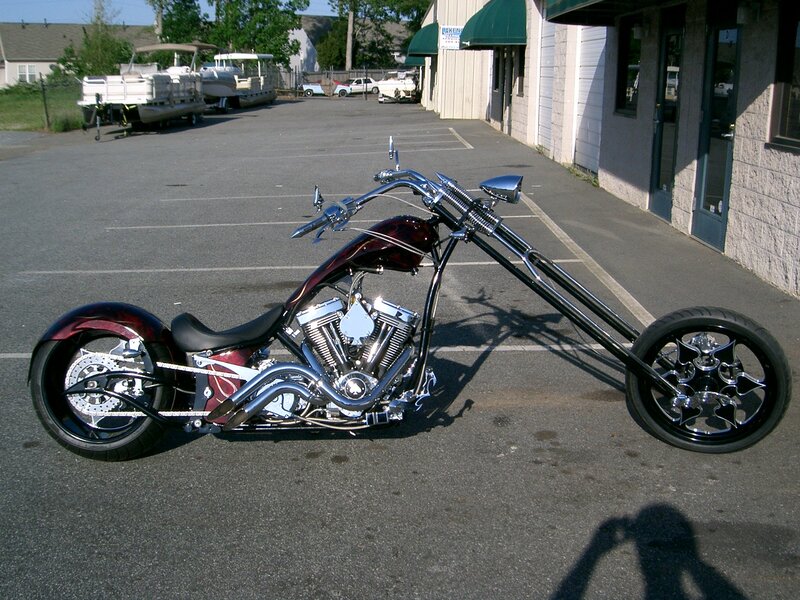 Custom Chopper Motorcycle — Black, Calm, Afternoon, Photograph, Parking Lot
