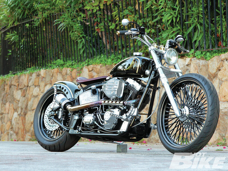 Custom Chopper Motorcycle — Black, Calm, Afternoon, Photograph, Stone Wall