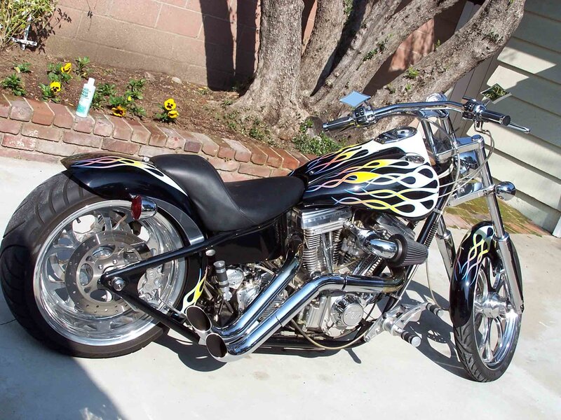 Custom Chopper Motorcycle — Black, Calm, Afternoon, Photograph, Tree