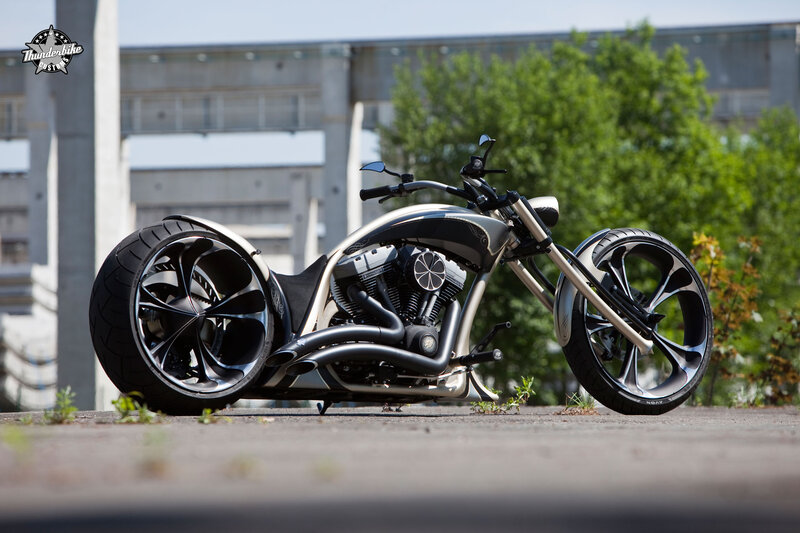 Custom Chopper Motorcycle — Black, Calm, Afternoon, Photograph, Trees, Building