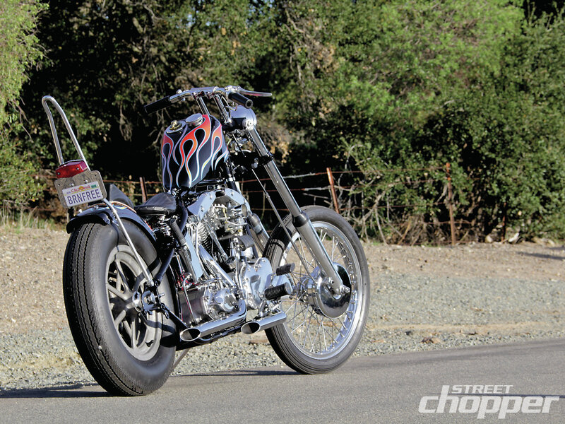 Custom Chopper Motorcycle — Black, Calm, Afternoon, Photograph, Trees, Fence