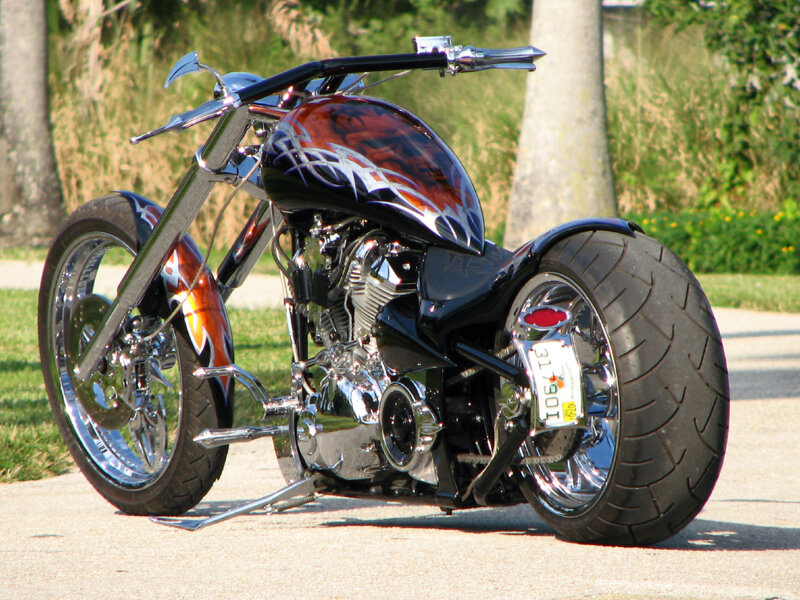 Custom Chopper Motorcycle — Black, Calm, Afternoon, Photograph, Trees, Grass
