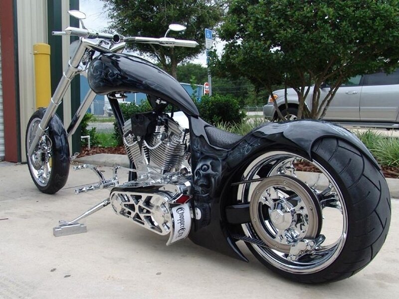 Custom Chopper Motorcycle — Black, Calm, Afternoon, Photograph, Trees