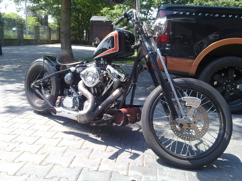 Custom Chopper Motorcycle — Black, Calm, Afternoon, Photograph, Truck