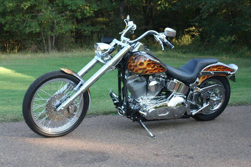 Custom Chopper Motorcycle — Black, Calm, Afternoon