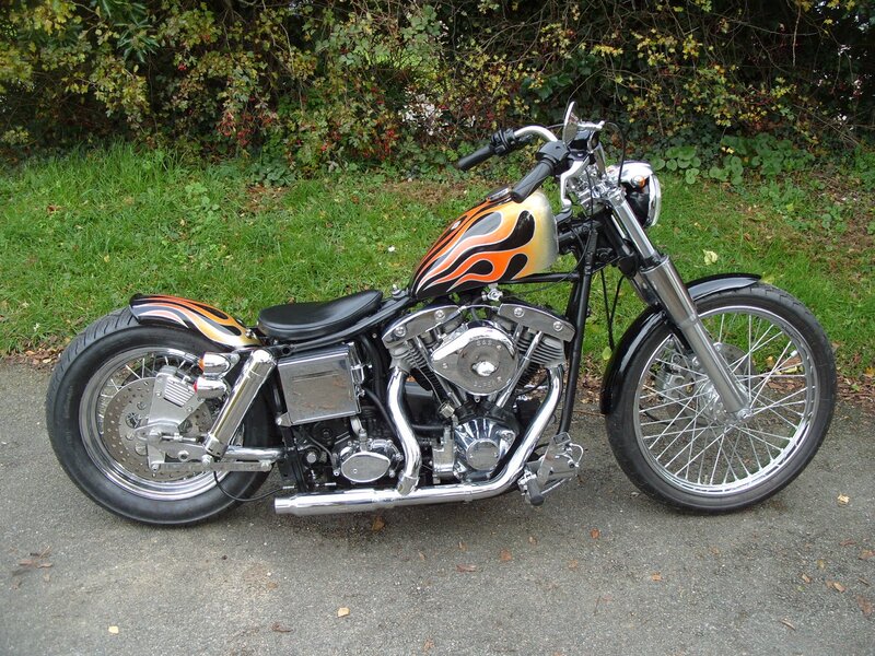 Custom Chopper Motorcycle — Black, Calm, Autumn, Photograph, Grass