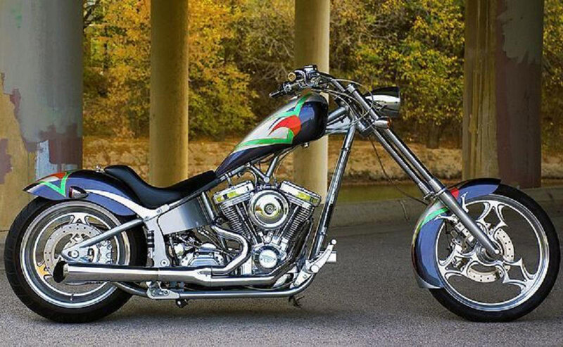 Custom Chopper Motorcycle — Black, Calm, Autumn, Photograph, Trees