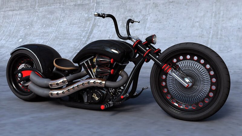 Custom Chopper Motorcycle — Black, Dramatic, 3d Render, Handlebars