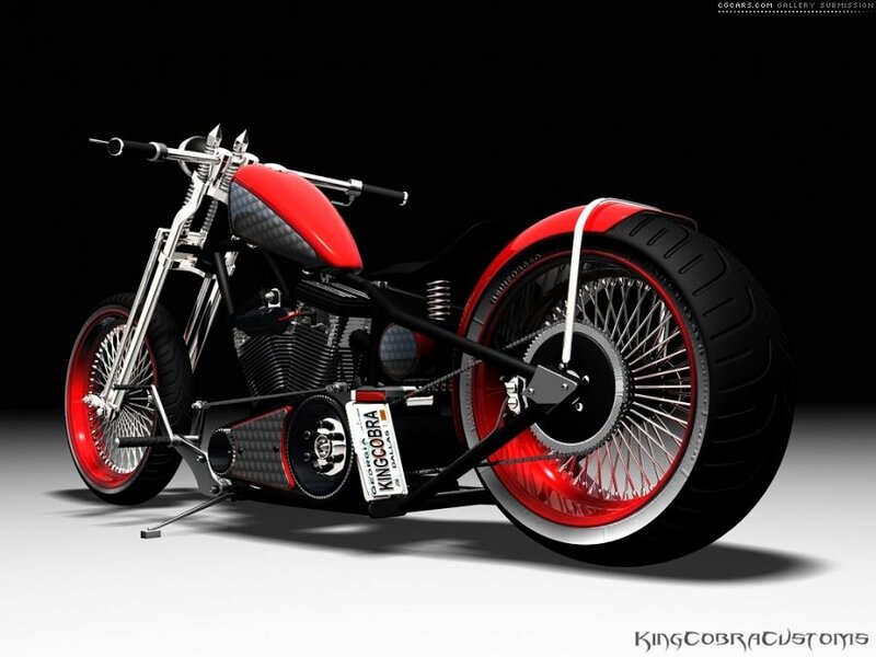 Custom Chopper Motorcycle — Black, Dramatic, 3d Render, Red Fuel Tank