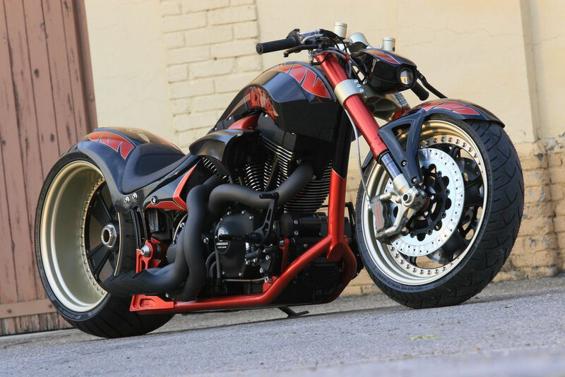 Custom Chopper Motorcycle — Black, Dramatic, Afternoon, Photograph, Brick Wall