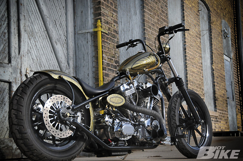 Custom Chopper Motorcycle — Black, Dramatic, Afternoon, Photograph, Brick Wall, Wooden Door