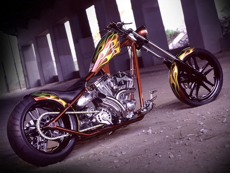 Custom Chopper Motorcycle — Black, Dramatic, Afternoon, Photograph, Flame Paint
