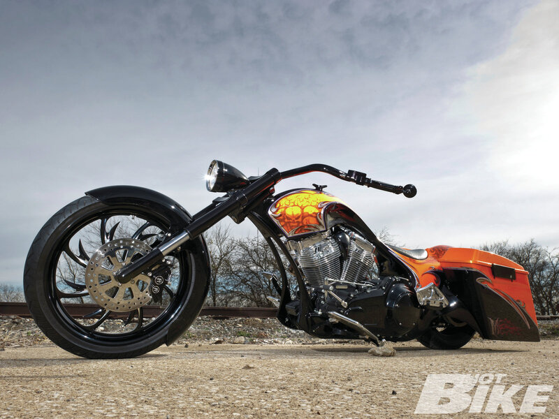Custom Chopper Motorcycle — Black, Dramatic, Afternoon, Photograph, Railroad Tracks