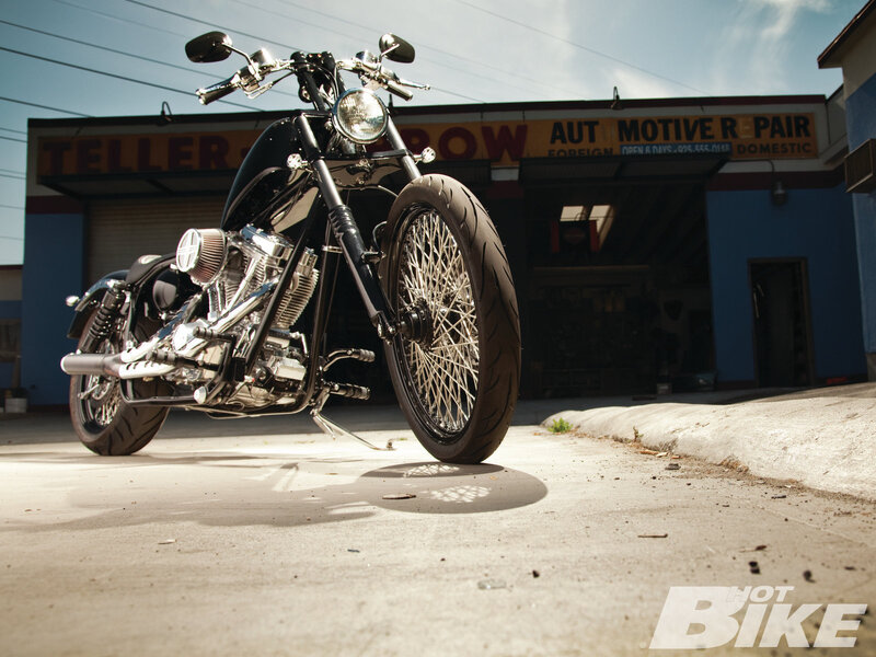 Custom Chopper Motorcycle — Black, Dramatic, Afternoon, Photograph, Shop