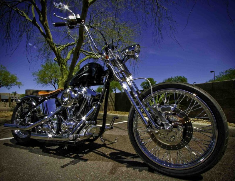 Custom Chopper Motorcycle — Black, Dramatic, Afternoon, Photograph, Tree