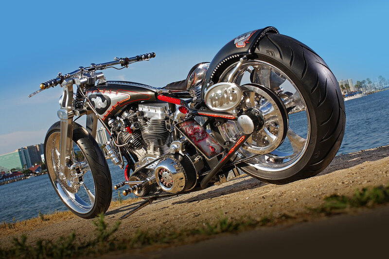 Custom Chopper Motorcycle — Black, Dramatic, Afternoon, Photograph, Water