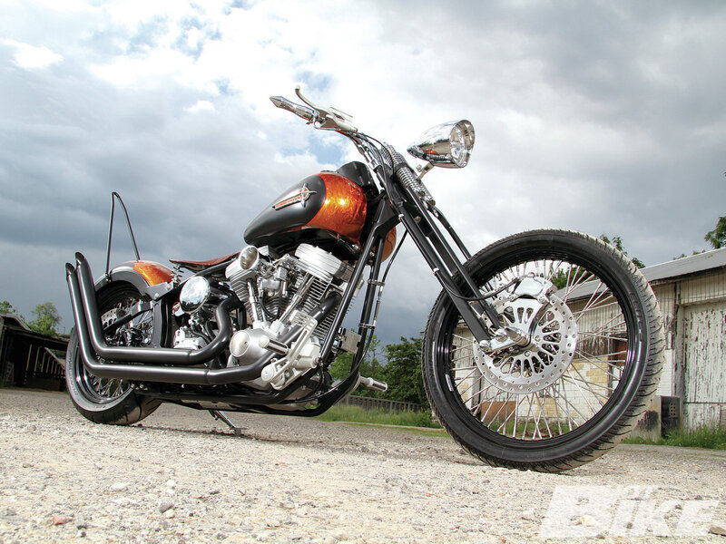 Custom Chopper Motorcycle — Black, Dramatic, Afternoon
