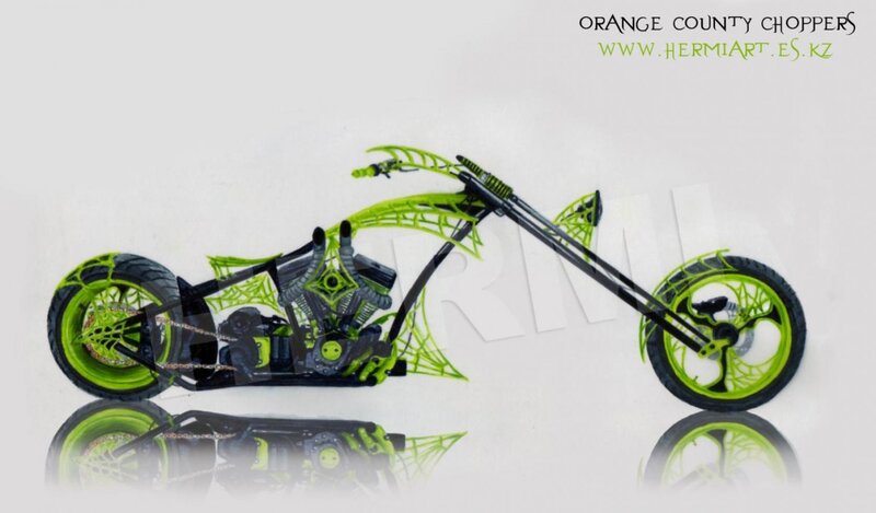 Custom Chopper Motorcycle — Black, Dramatic, Digital Art, Spiderweb Design