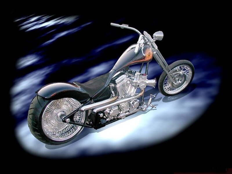 Custom Chopper Motorcycle — Black, Dramatic, Digital Art, Spoked Wheels