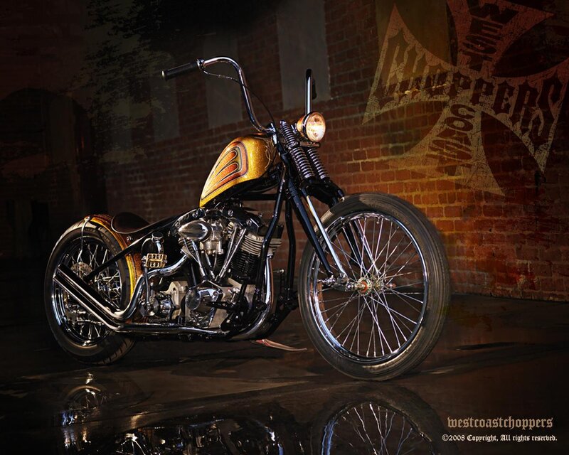 Custom Chopper Motorcycle — Black, Dramatic, Night, Photograph, Brick Wall, Fuel Tank