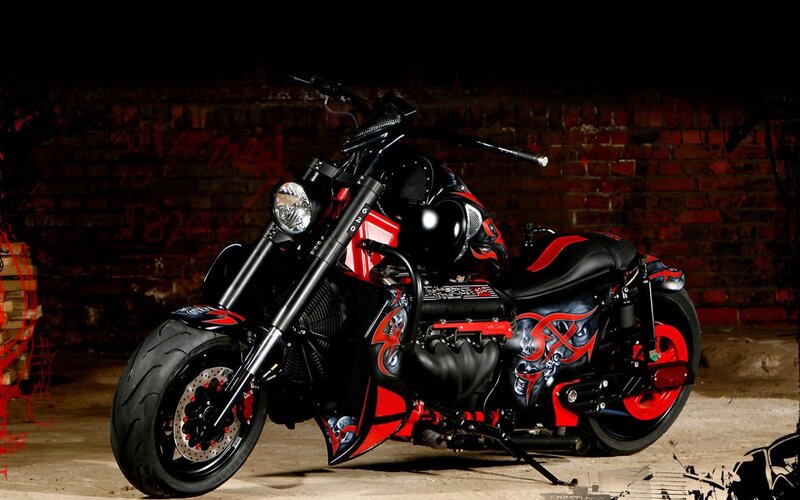 Custom Chopper Motorcycle — Black, Dramatic, Night, Photograph, Brick Wall
