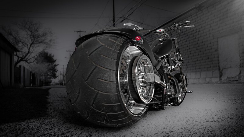 Custom Chopper Motorcycle — Black, Dramatic, Night, Photograph, Brick Wall, Tire