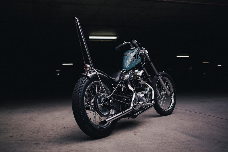 Custom Chopper Motorcycle — Black, Dramatic, Night, Photograph, Flame Design