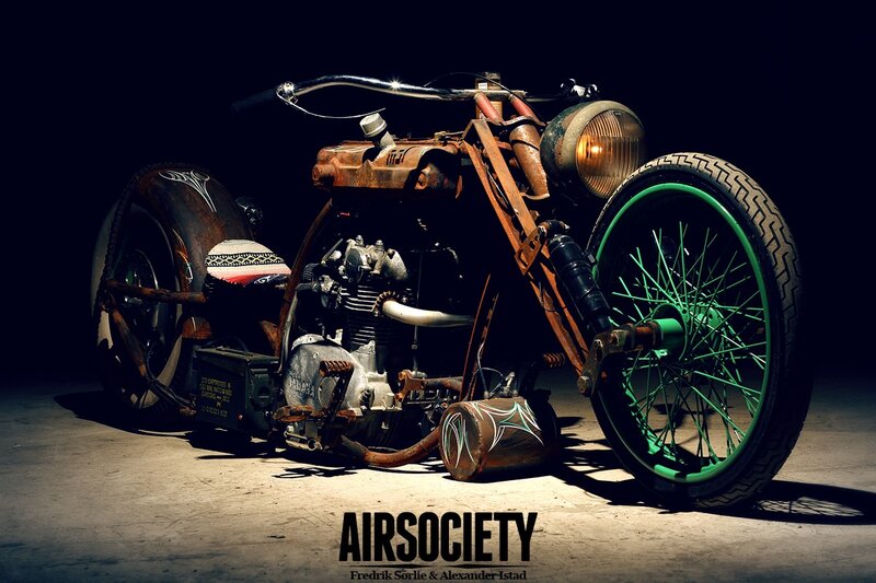Custom Chopper Motorcycle — Black, Dramatic, Night, Photograph, Headlight, Engine