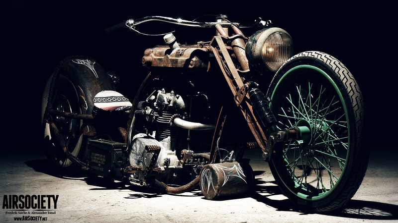 Custom Chopper Motorcycle — Black, Dramatic, Night, Photograph, Headlight