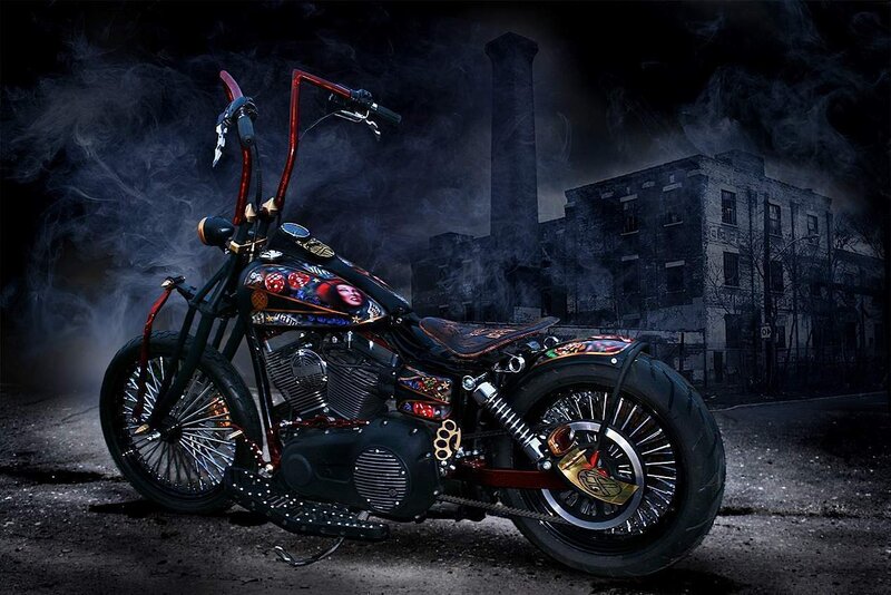 Custom Chopper Motorcycle — Black, Dramatic, Night, Photograph, Smoke