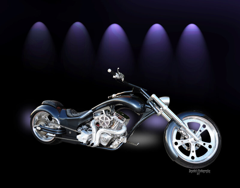 Custom Chopper Motorcycle — Black, Dramatic, Night, Photograph, Spotlights