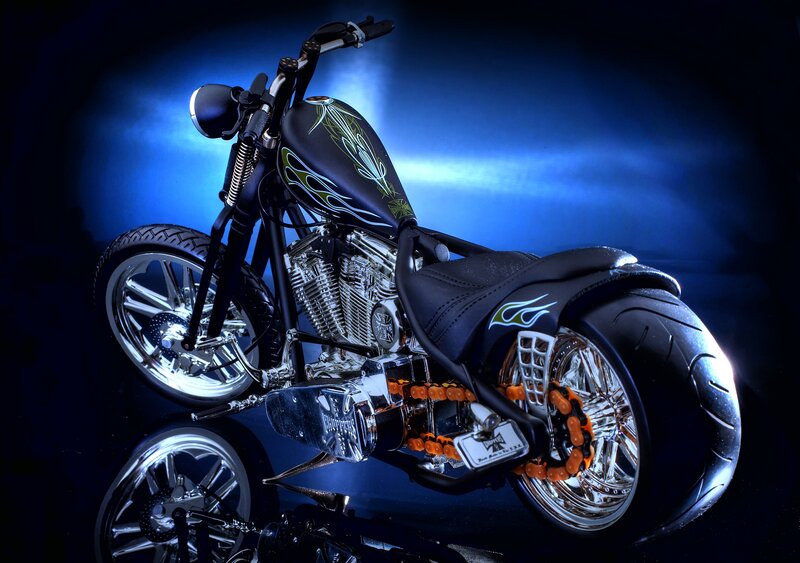 Custom Chopper Motorcycle — Black, Dramatic, Night, Photograph