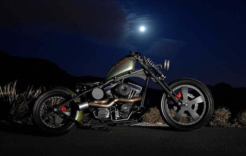 Custom Chopper Motorcycle — Black, Dramatic, Night