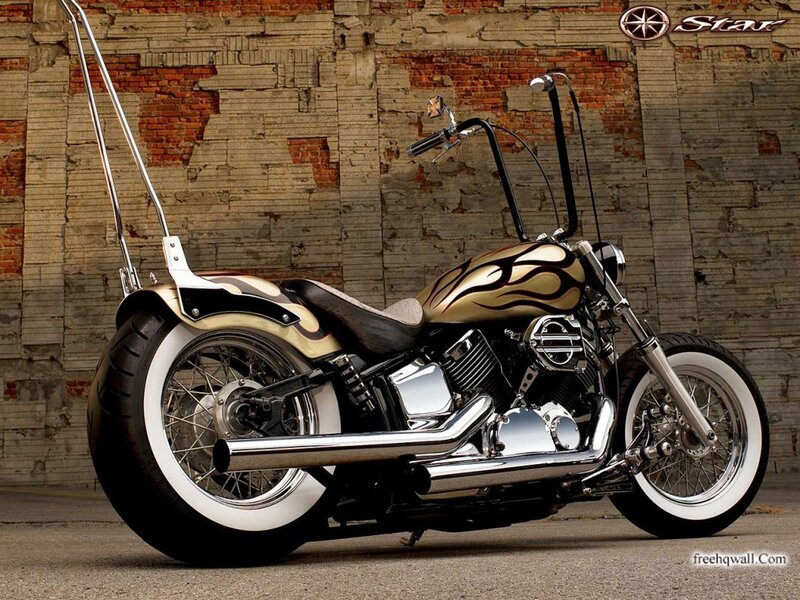Custom Chopper Motorcycle — Black, Dramatic, Photograph, Brick Wall, Chrome Exhaust