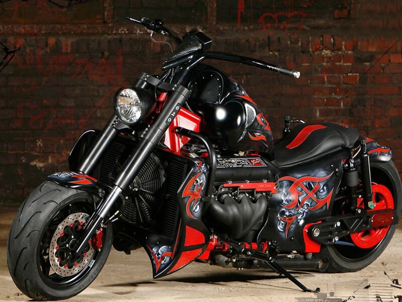 Custom Chopper Motorcycle — Black, Dramatic, Photograph, Brick Wall, Graffiti
