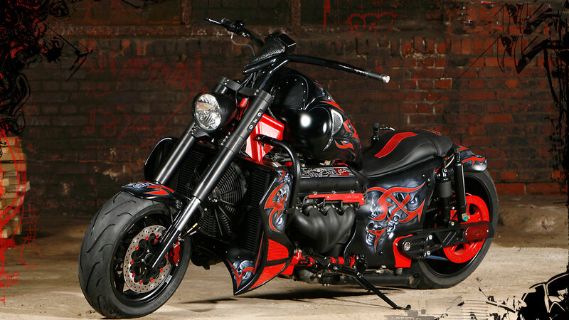 Custom Chopper Motorcycle — Black, Dramatic, Photograph, Brick Wall