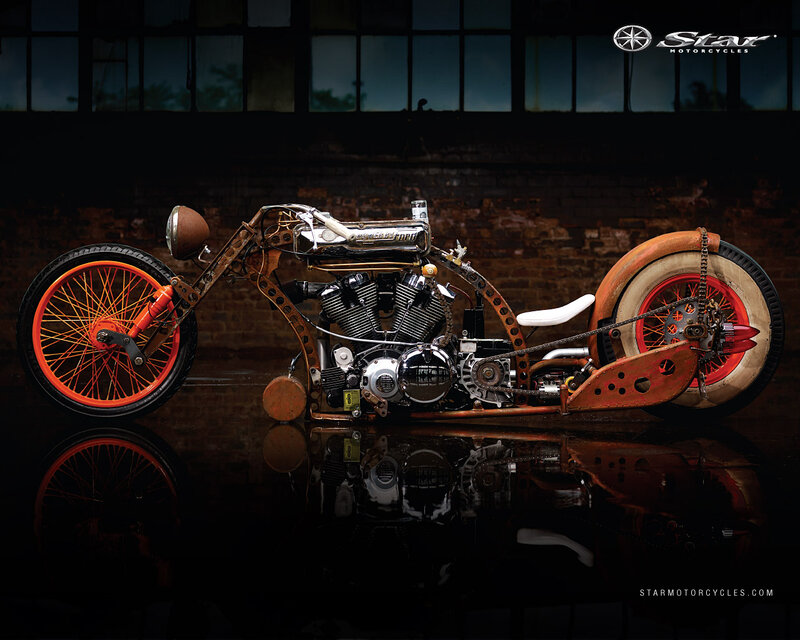 Custom Chopper Motorcycle — Black, Dramatic, Photograph, Brick Wall, Windows