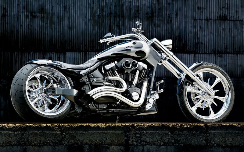 Custom Chopper Motorcycle — Black, Dramatic, Photograph, Chrome Wheels, Engine