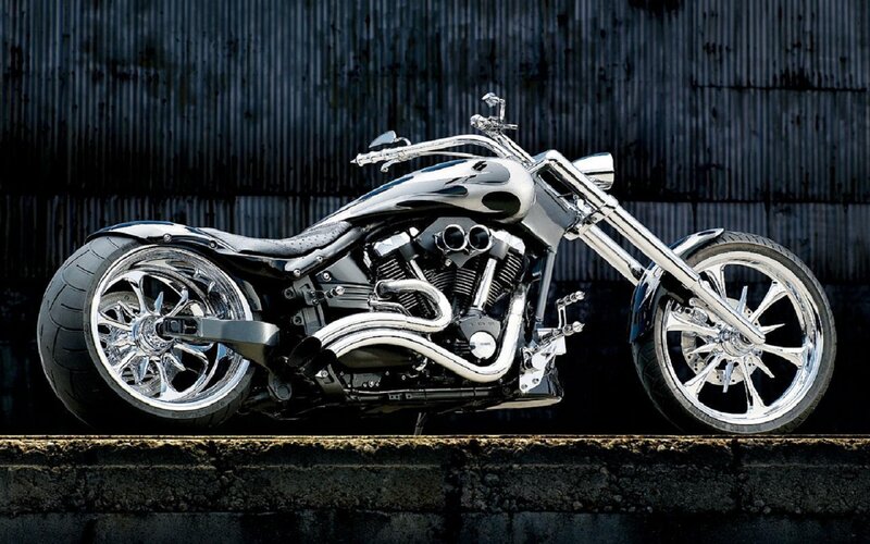 Custom Chopper Motorcycle — Black, Dramatic, Photograph, Chrome Wheels