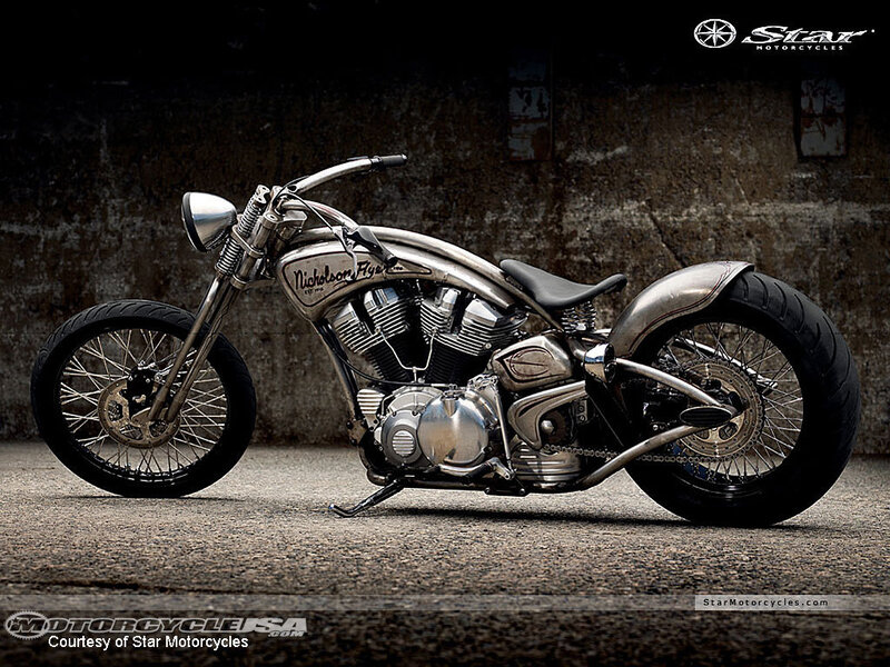 Custom Chopper Motorcycle — Black, Dramatic, Photograph, Concrete Floor