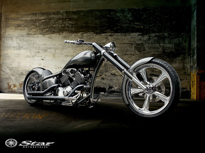Custom Chopper Motorcycle — Black, Dramatic, Photograph, Concrete Wall, Chrome Wheels