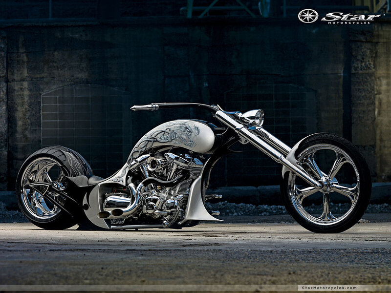 Custom Chopper Motorcycle — Black, Dramatic, Photograph, Concrete Wall