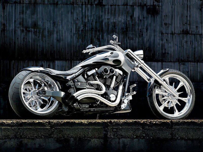 Custom Chopper Motorcycle — Black, Dramatic, Photograph, Corrugated Metal Wall
