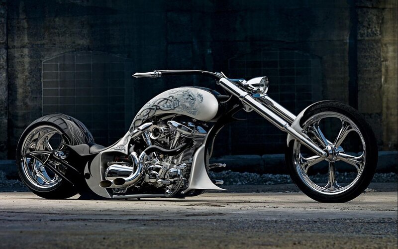 Custom Chopper Motorcycle — Black, Dramatic, Photograph, Engine, Chrome Wheels
