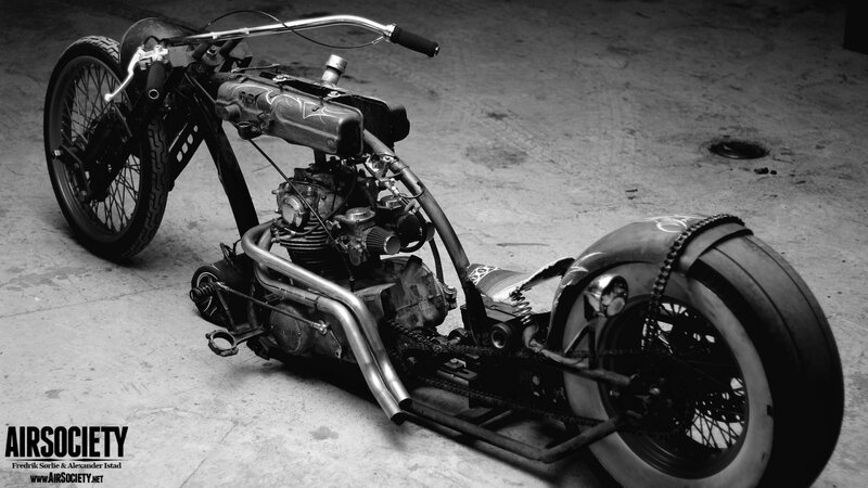 Custom Chopper Motorcycle — Black, Dramatic, Photograph, Engine, Exhaust Pipes