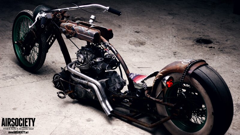 Custom Chopper Motorcycle — Black, Dramatic, Photograph, Engine, Exhaust