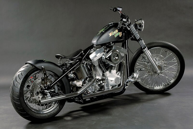 Custom Chopper Motorcycle — Black, Dramatic, Photograph, Engine, Spoked Wheels, Fuel Tank